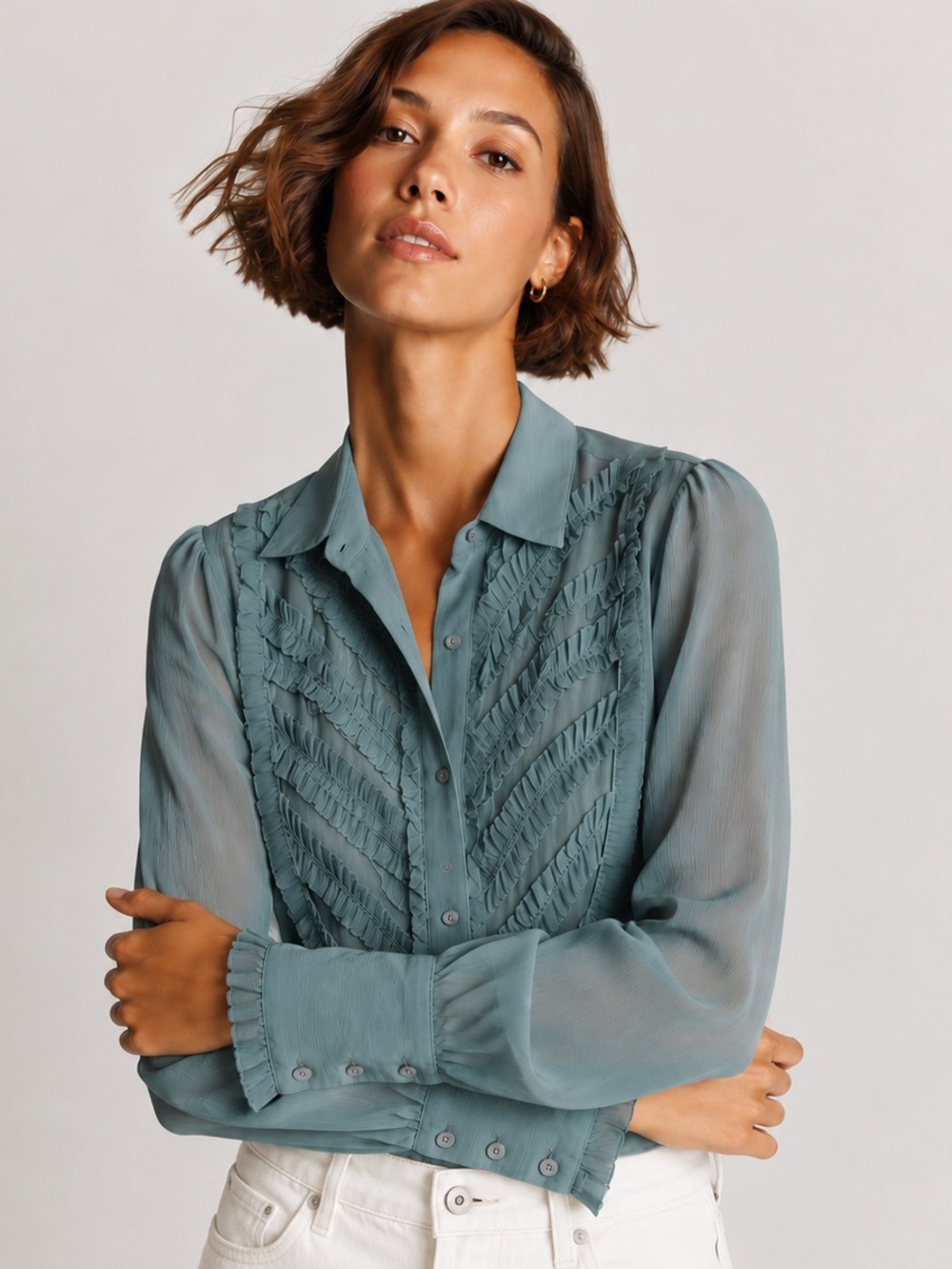 Free People Shangri-La Sheer Ruffle Bib Western Button Down Blouse Sage Green S